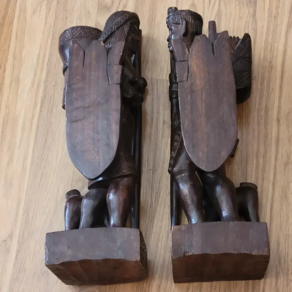 Vintage Latin American Carved Wood Book ends Statues Men and Women with dog